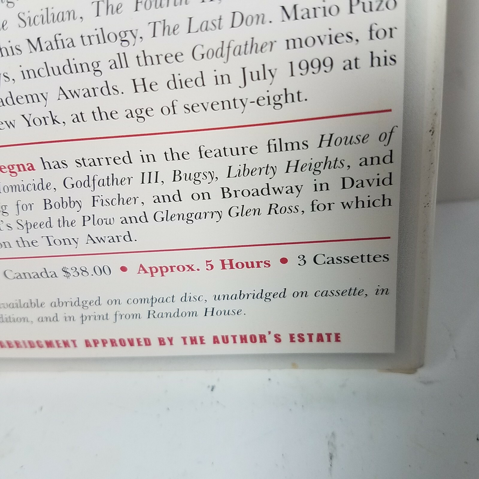 OMERTA by Mario Puzo Audio Book (3 Cassette Tapes — 5 Hours) Landmark Mafia