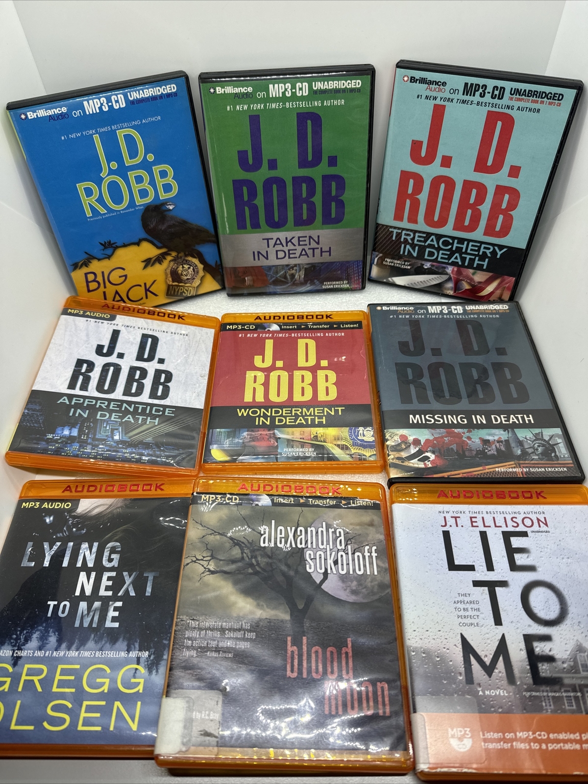 Lot of 9 Mystery Audiobooks, MP3 CDs J.D. Robb JT Ellison Gregg Olsen & Sokoloff