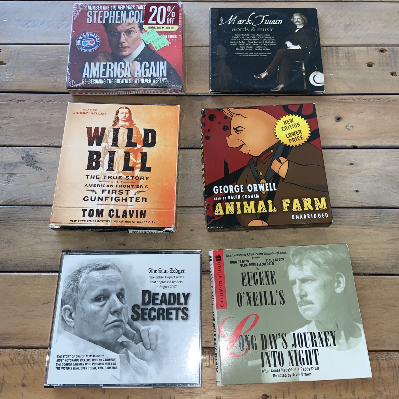 Lot 6 Audio Book CDs Wild Bill Mark Twain Animal Farm Long Days Journey Colbert