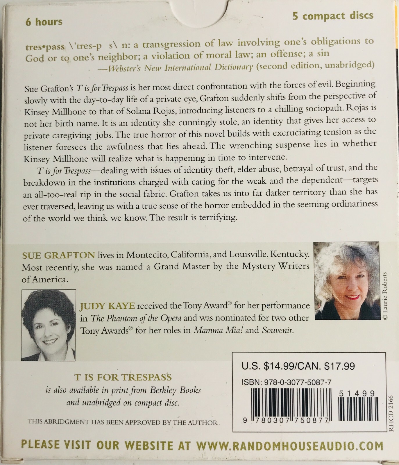 T is for Trespass Kinsey Millhone Mystery by Sue Grafton Audiobook Judy Kaye