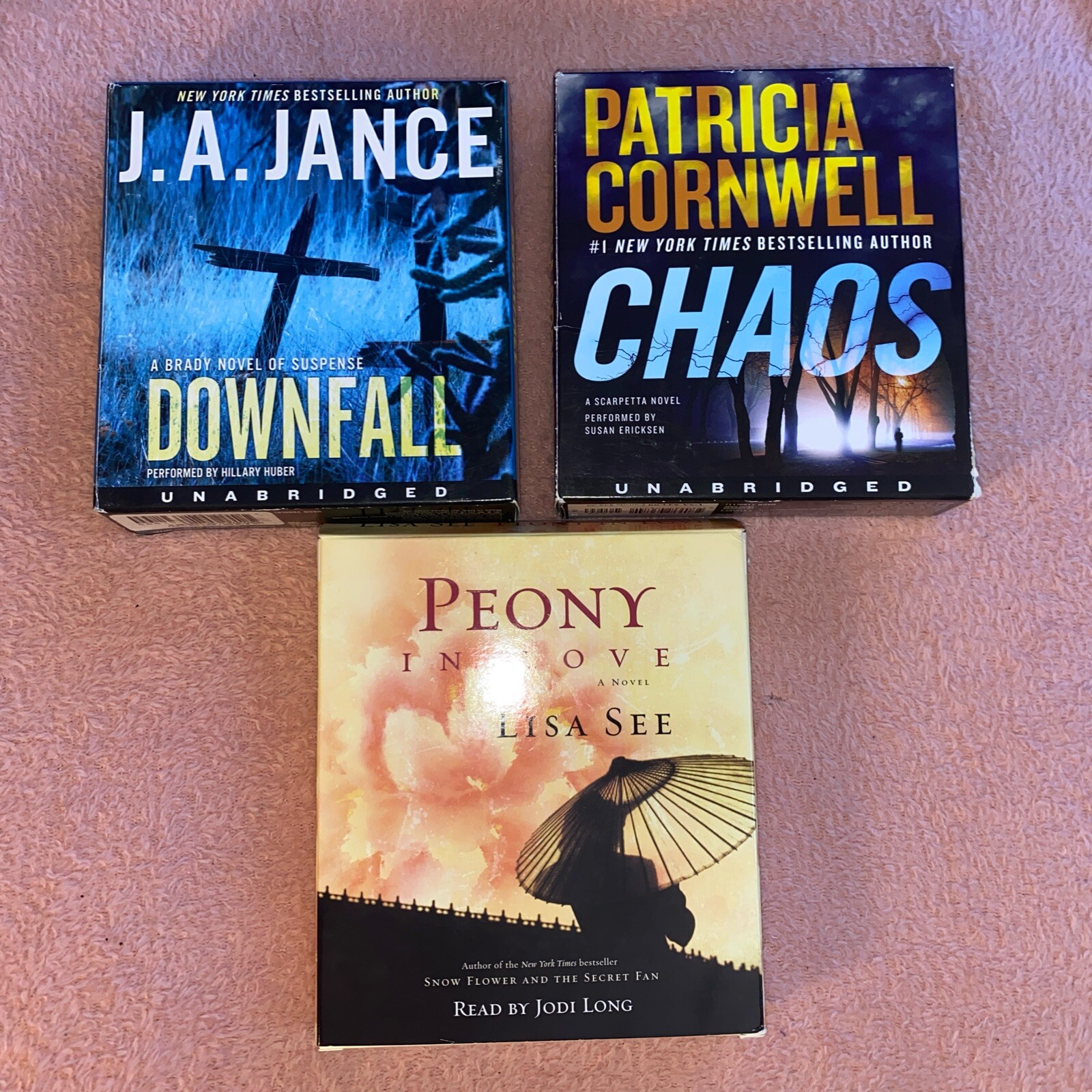 Downfall (Cornwall) & Chaos (JA Jance) & Peony In Love ( Lisa See) Audio Books