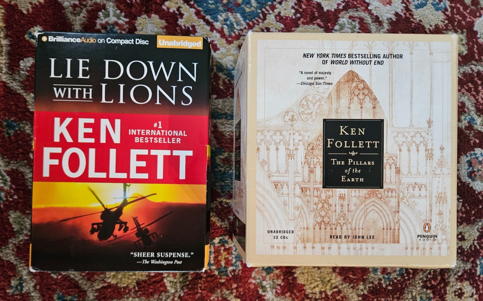 2 CD Audiobooks~ Ken Follett ~ The Pillars of the Earth & Lie Down With Lions