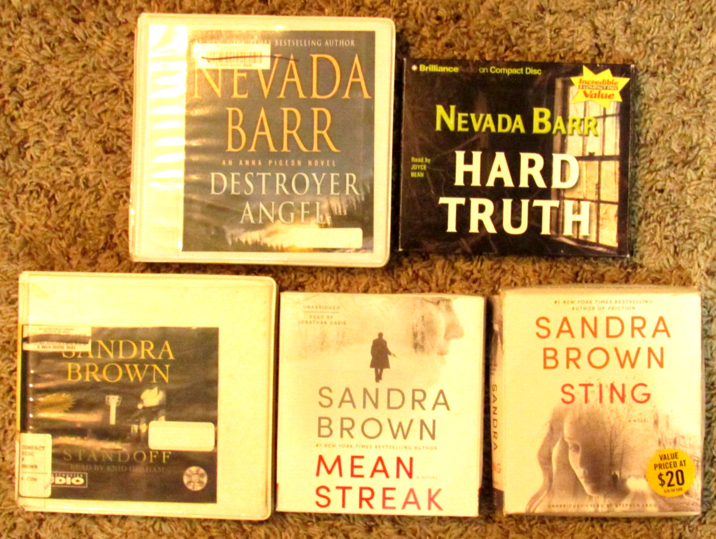 5 Audio Book Lot Mystery Thriller CD Nevada Bar Sandra Brown Sting Mean Standoff