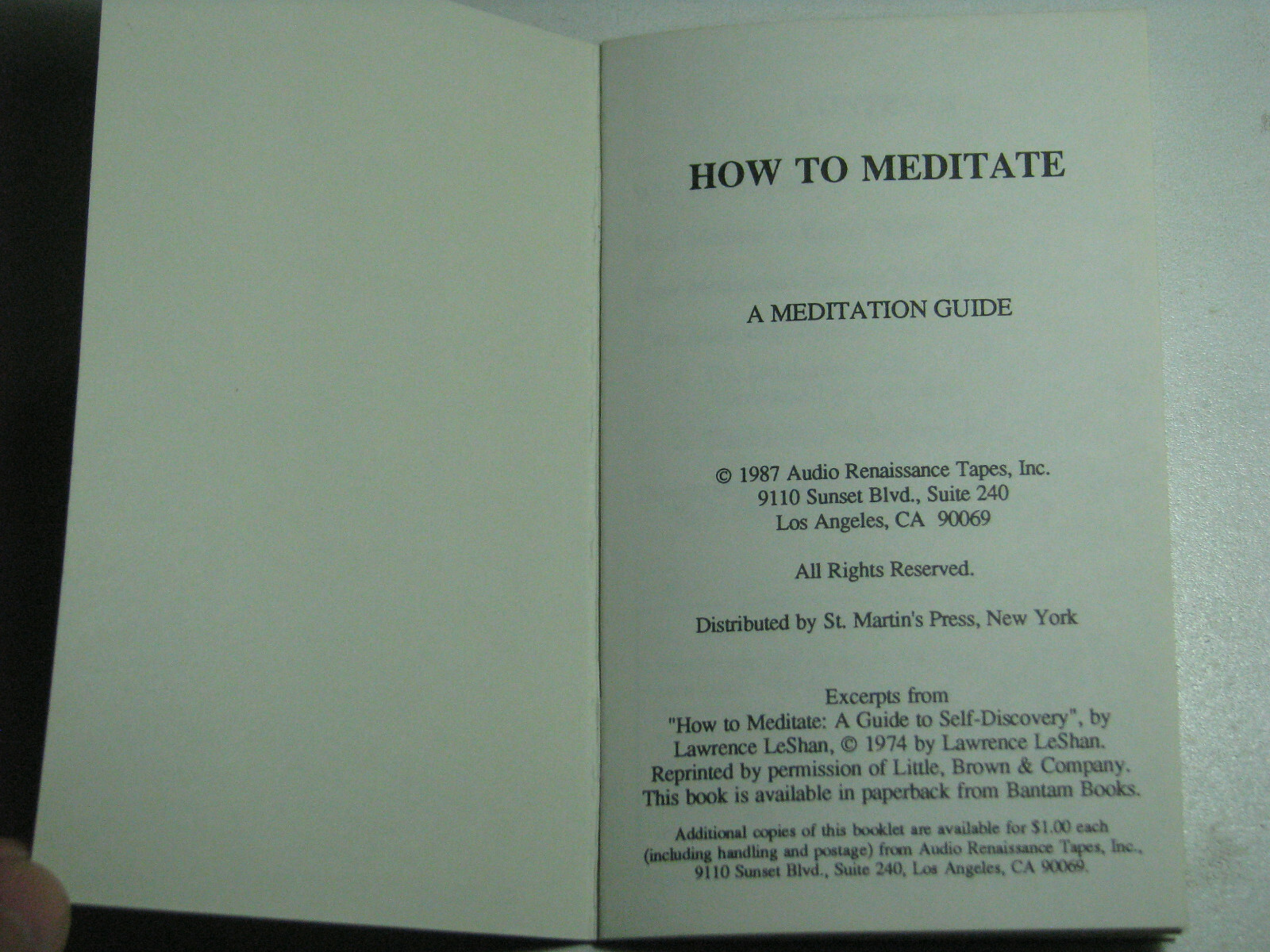 HOW TO MEDITATE by Lawrence LeShan 1987 Audiobook Tape Cassette 4 Techniques
