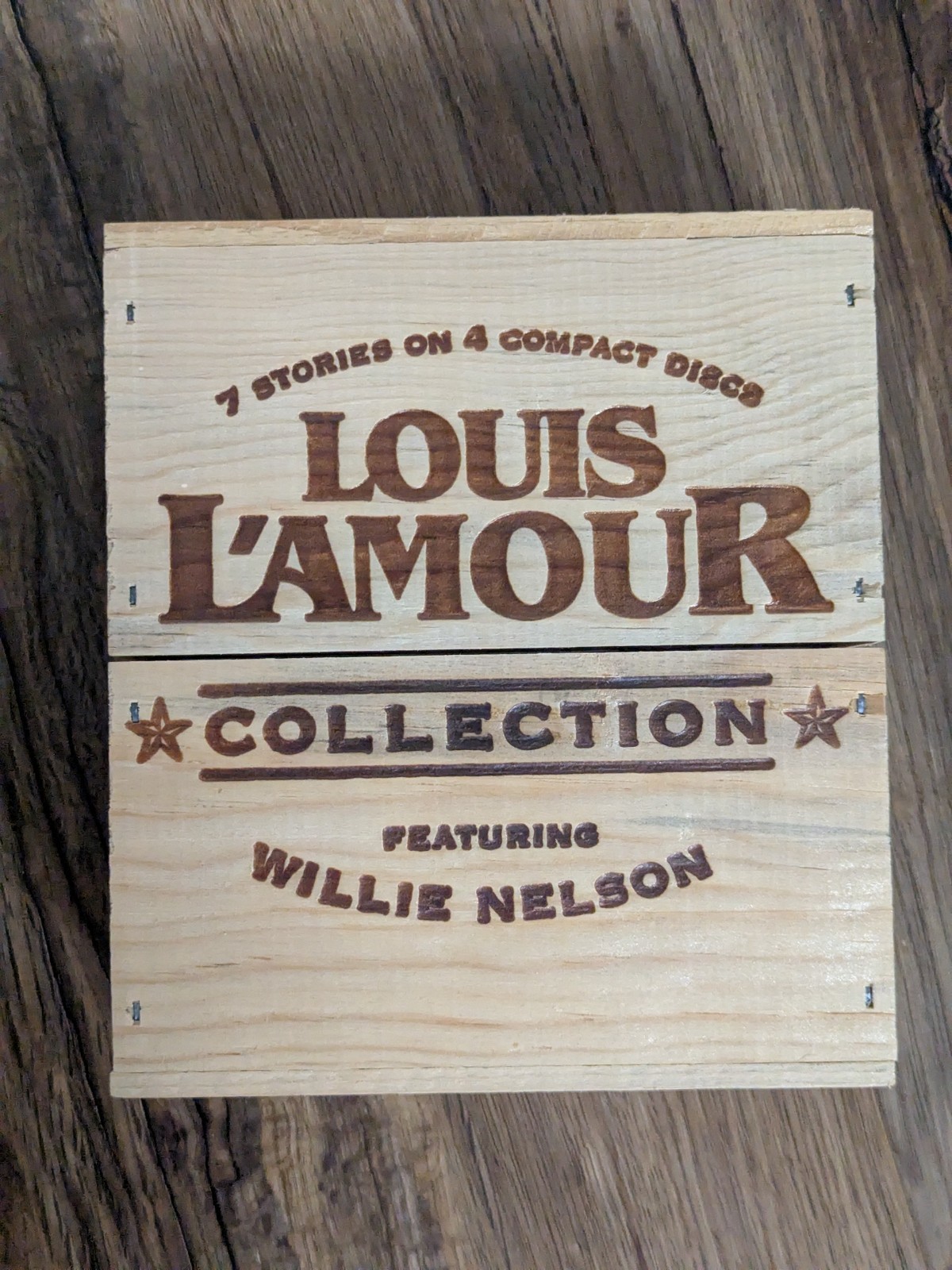Louis L’Amour audio books featuring Willie Nelson — 7 stories on 4 CDs, wood box