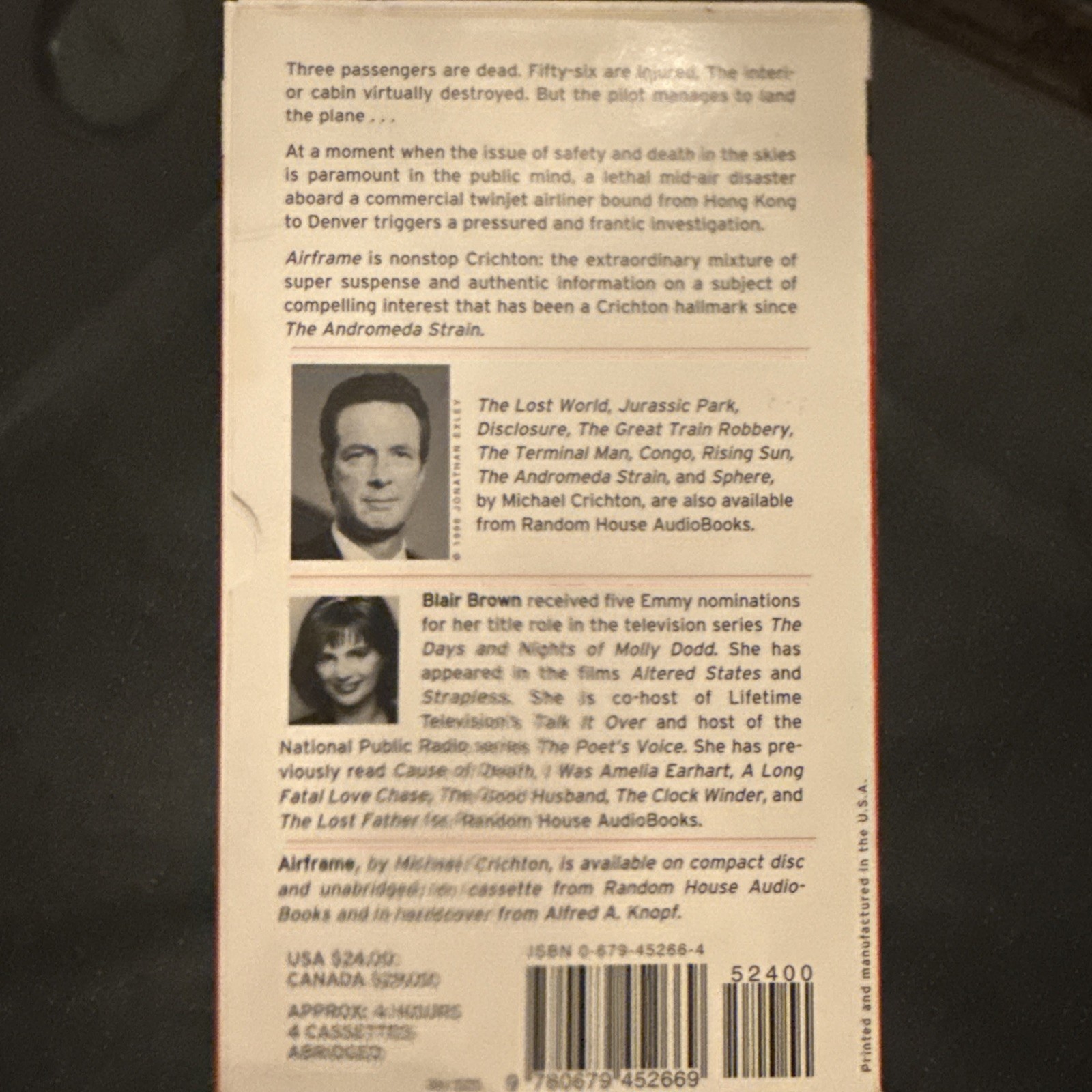 Airframe by Michael Crichton Blair Brown Audiobook on 4 Cassettes