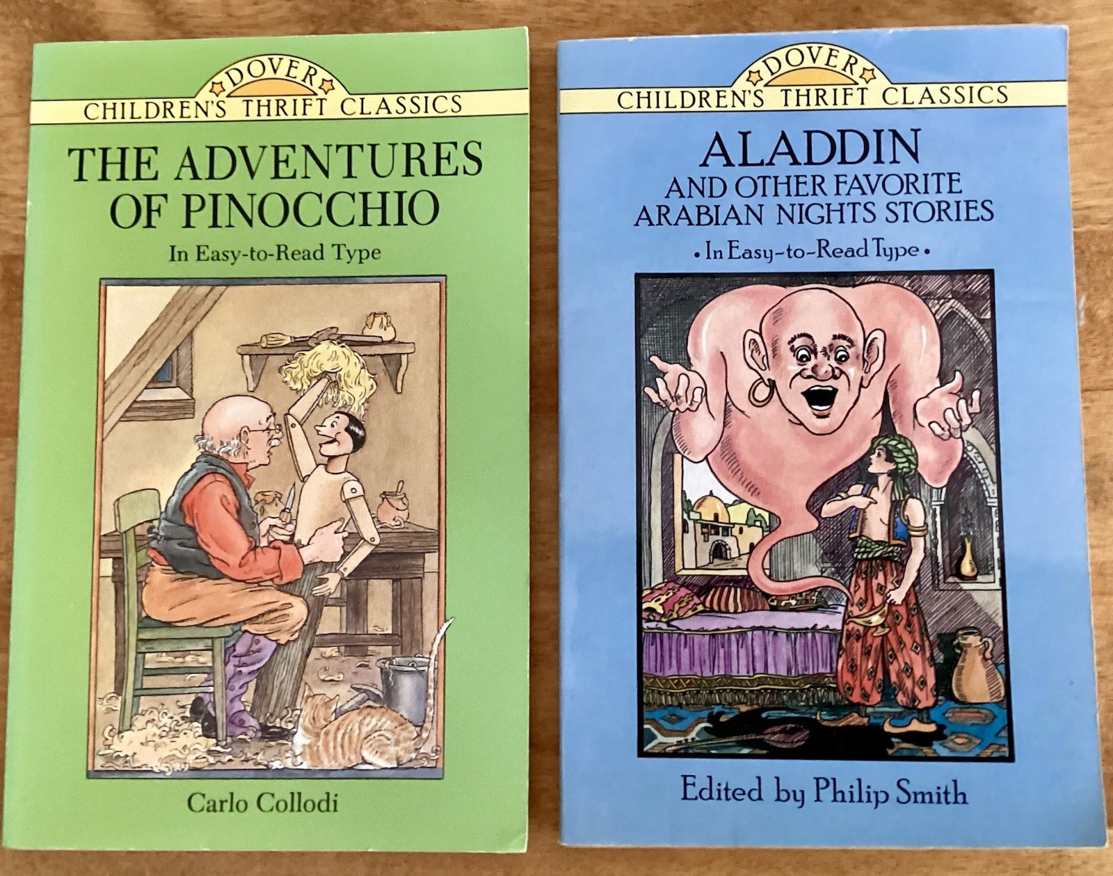 2 VTG Paperback Children’s Books, Dover Thrift Classics: Pinocchio and Aladdin