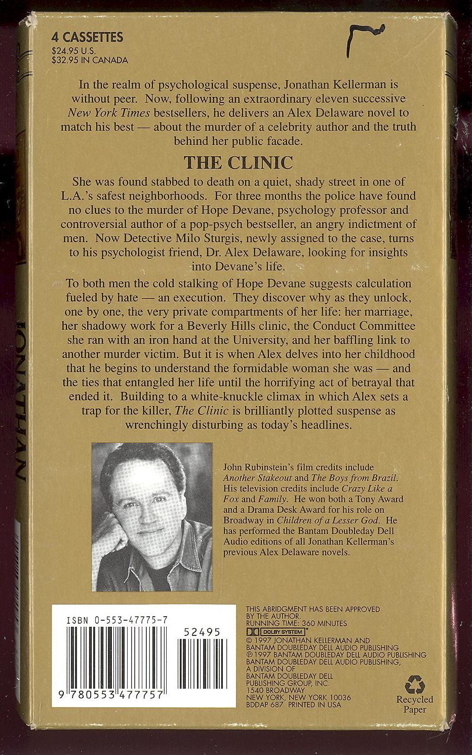 The Clinic by Jonathan Kellerman (1997, 4 Audio Cassettes, Abridged)