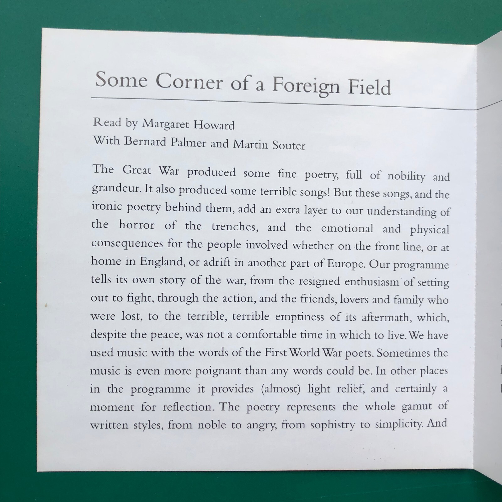 SOME CORNER OF A FOREIGN FIELD Poetry, Music Of The Great War CD Margaret Howard