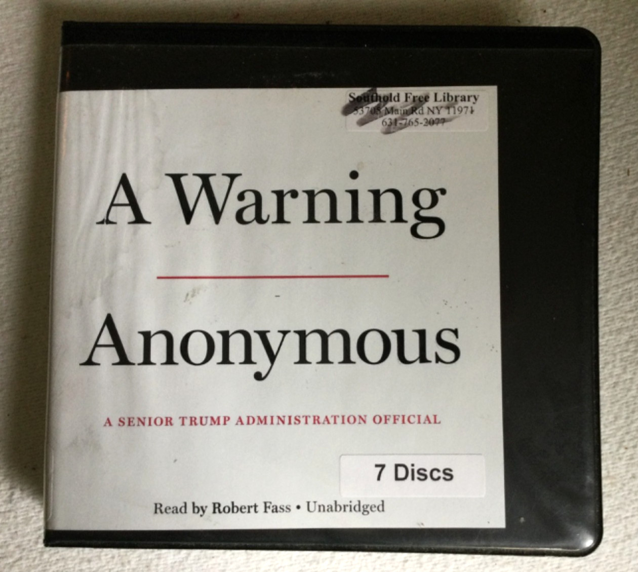 A Warning by Anonymous Read by Robert Fass — 7 CD Audio Book GOOD! Library Copy