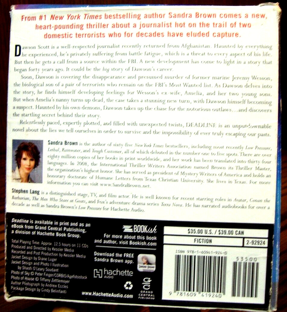 AUDIOBOOK CD: «Deadline: A Novel» Sandra Brown~Unabridged 12.5 hrs/ 11 cds i8
