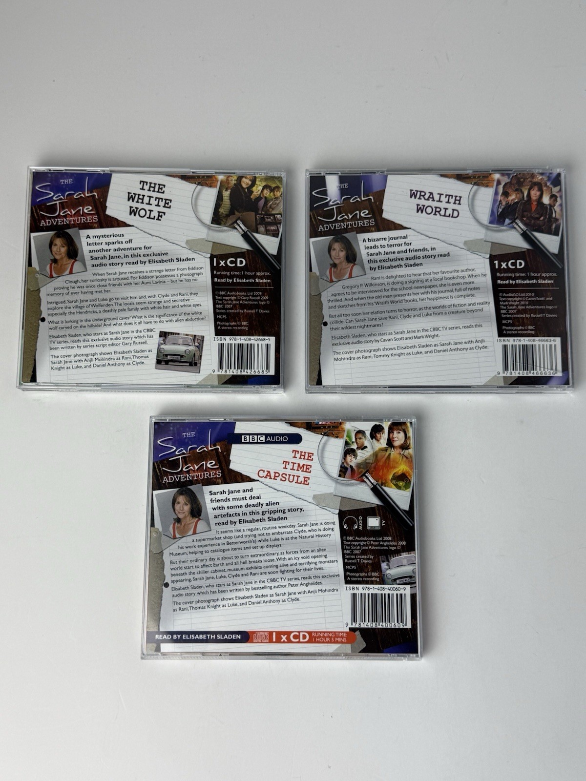 3xThe Sarah Jane Adventures CD Audio Books/ Wraith World/Time Capsule/White Wolf