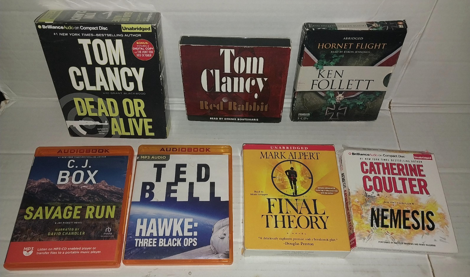 Lot 7 CD Audiobooks Tom Clancy Ken Follett CJ Box Catherine Coulter Ted Bell +