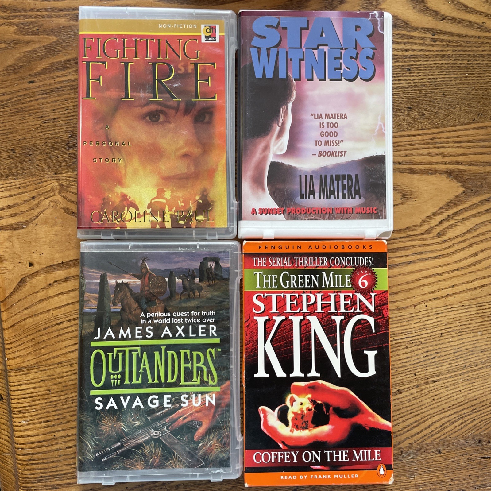 Four Audiobook cassettes — Fighting Fire, Star Witness, Green Mile, Outlanders