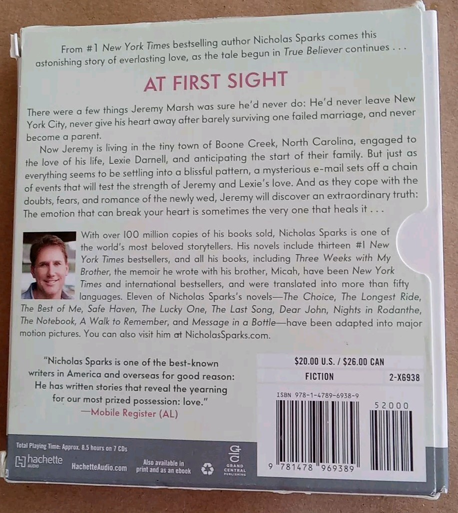 Nicholas Spark’s At First Sight, Read by David Aaron Barker Audiobook CD
