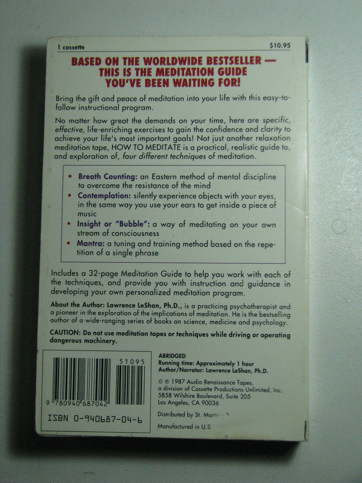 HOW TO MEDITATE by Lawrence LeShan 1987 Audiobook Tape Cassette 4 Techniques