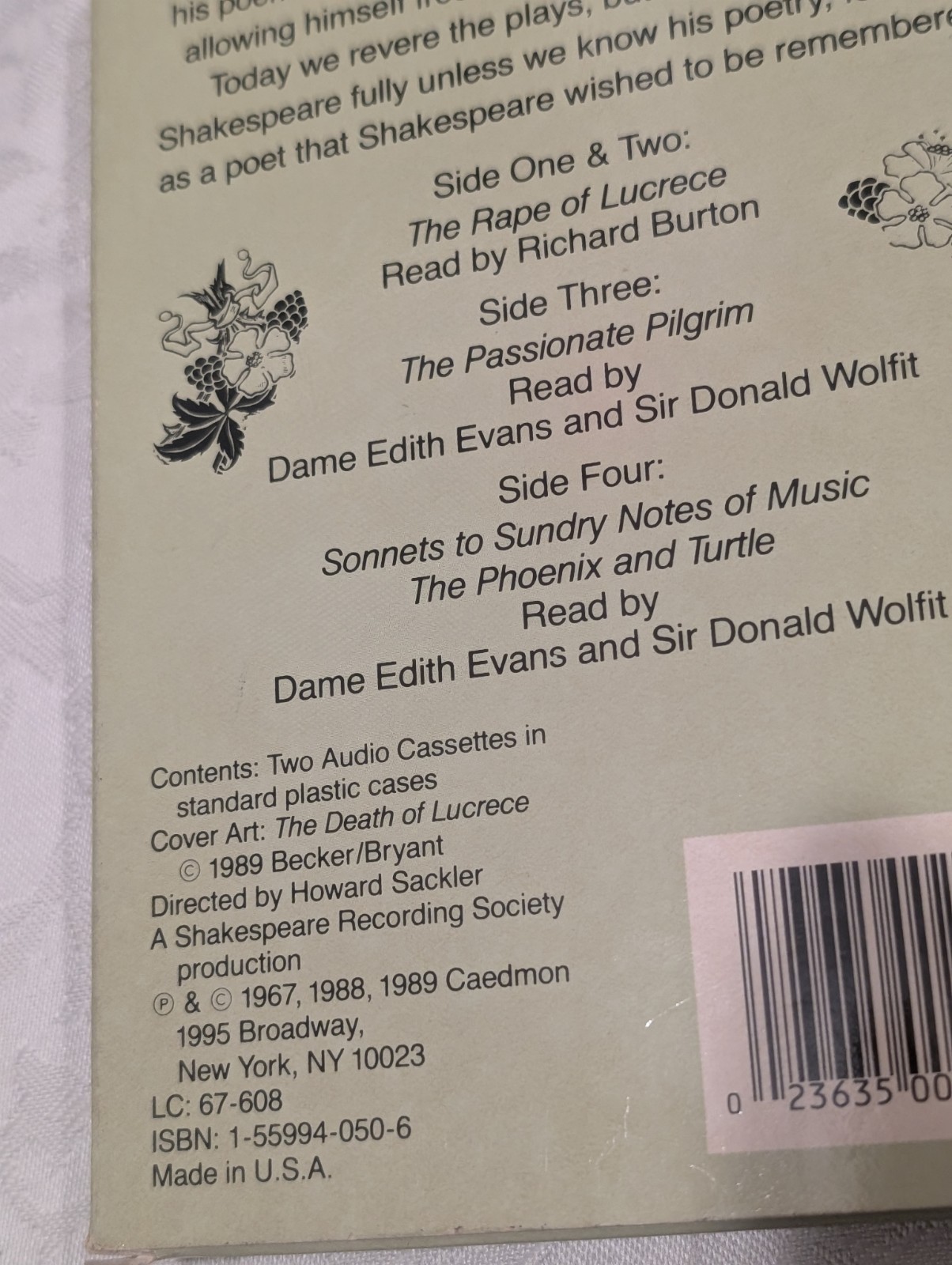 Rape of Lucrece William Shakespeare 1989 Audiobook Cassette Tape Harper Caedmon