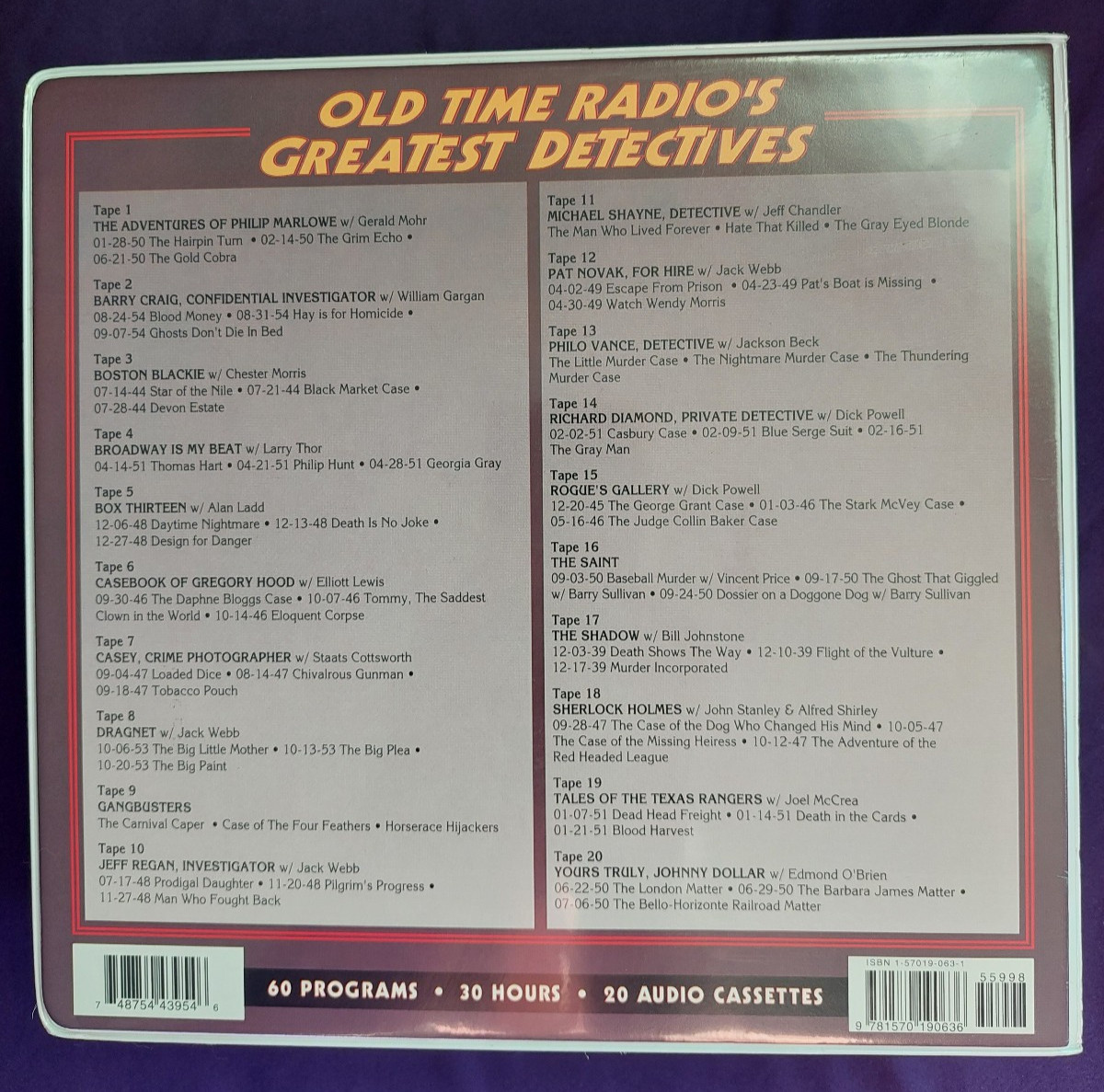 Old Time Radio’s Greatest Detectives — 60 Programs 20 Audio Cassettes Vintage