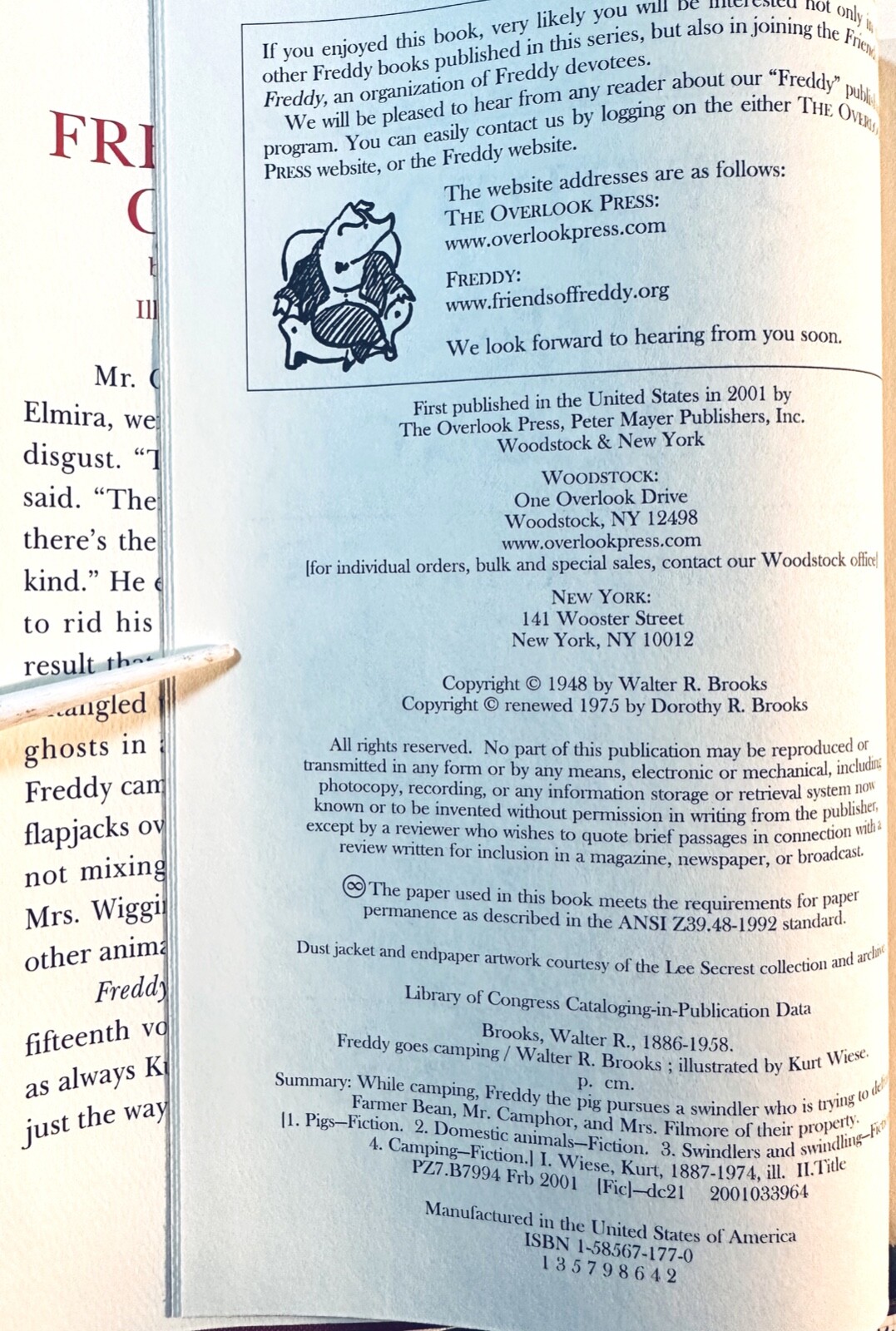 BROOKS: Freddy Goes Camping (Freddy the Pig #15) (The Overlook Press, 2001)