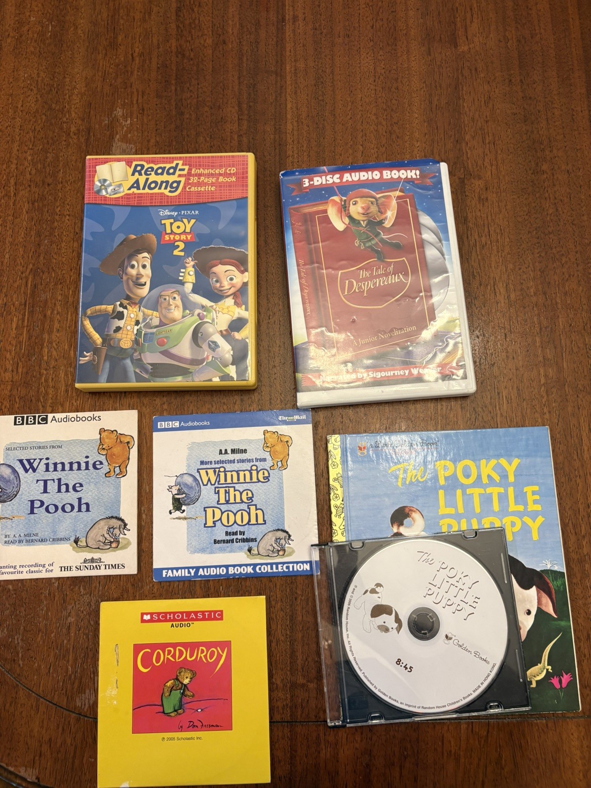 Lot of 6 Childrens Kids CD Audiobooks Pooh Corduroy Toy Story Desperaux