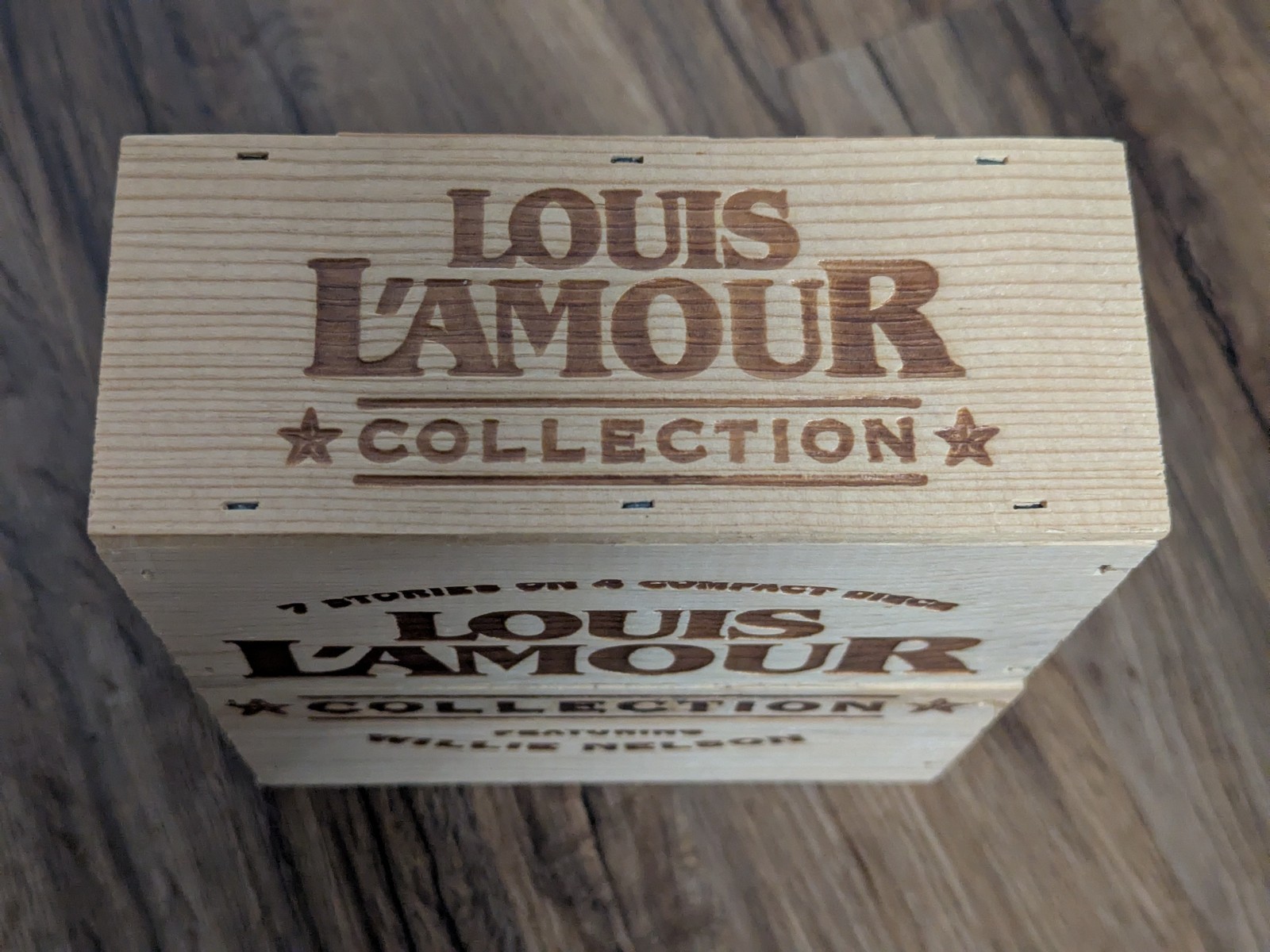 Louis L’Amour audio books featuring Willie Nelson — 7 stories on 4 CDs, wood box