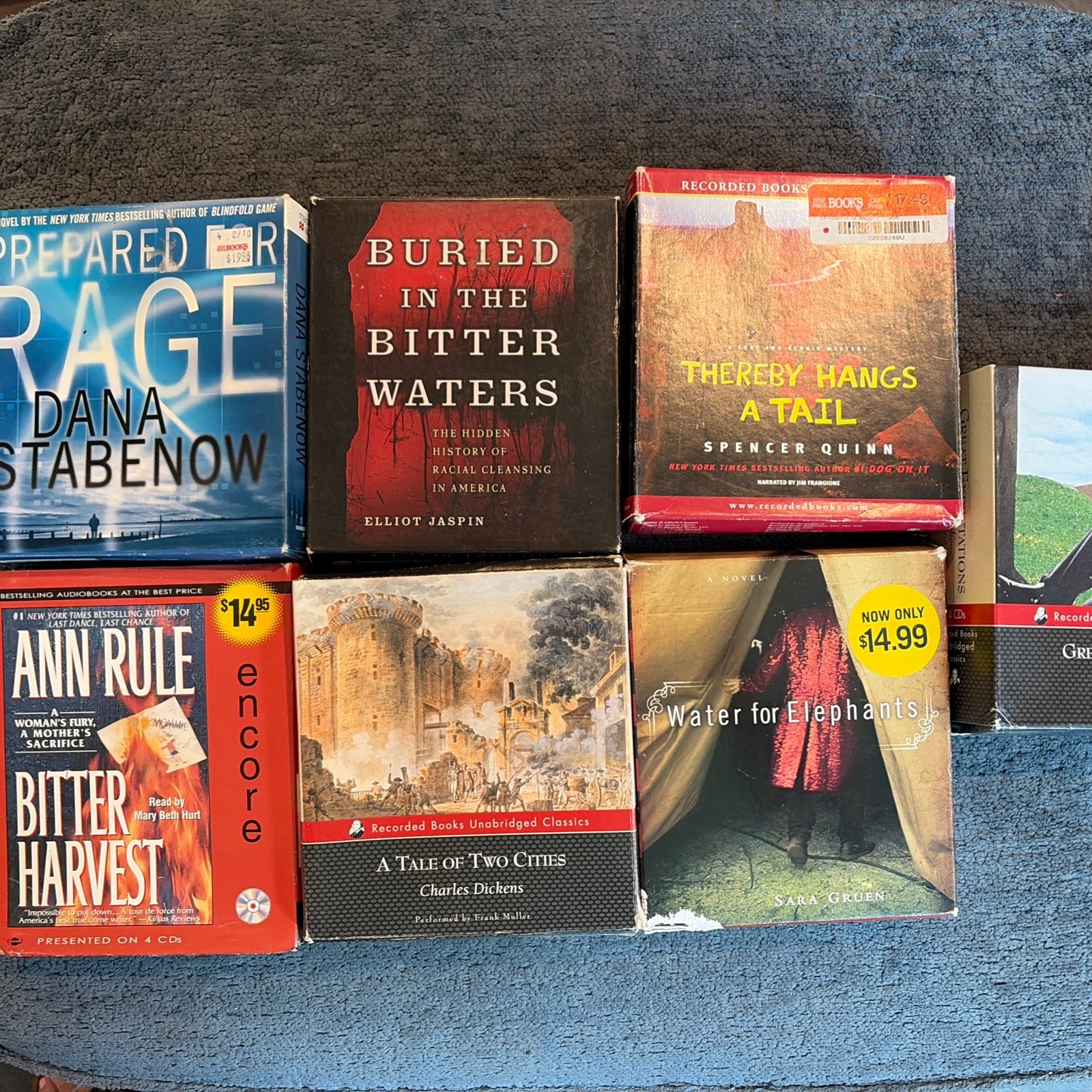 Lot of 7 Novels Audiobooks CD Sets Rule Dickens Gruen Quinn Jaspin Stabenow
