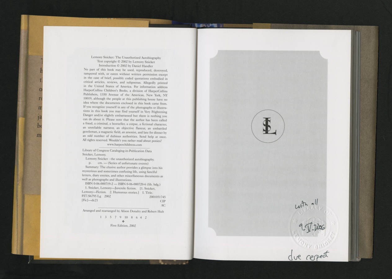 Lemony Snicket SIGNED AUTOGRAPHED The Unauthorized Autobiography HC 1st Ed Print