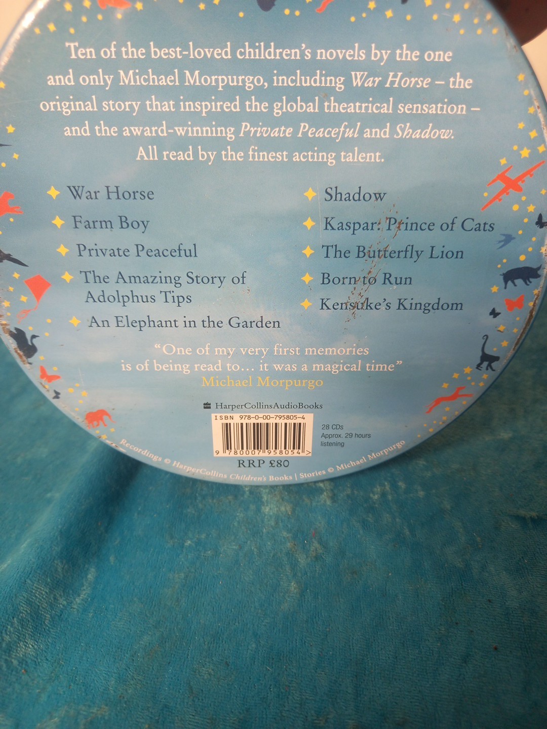 Michael Morpurgo Audio CDs x 28 inc Warhorse. Zipped Tin Case