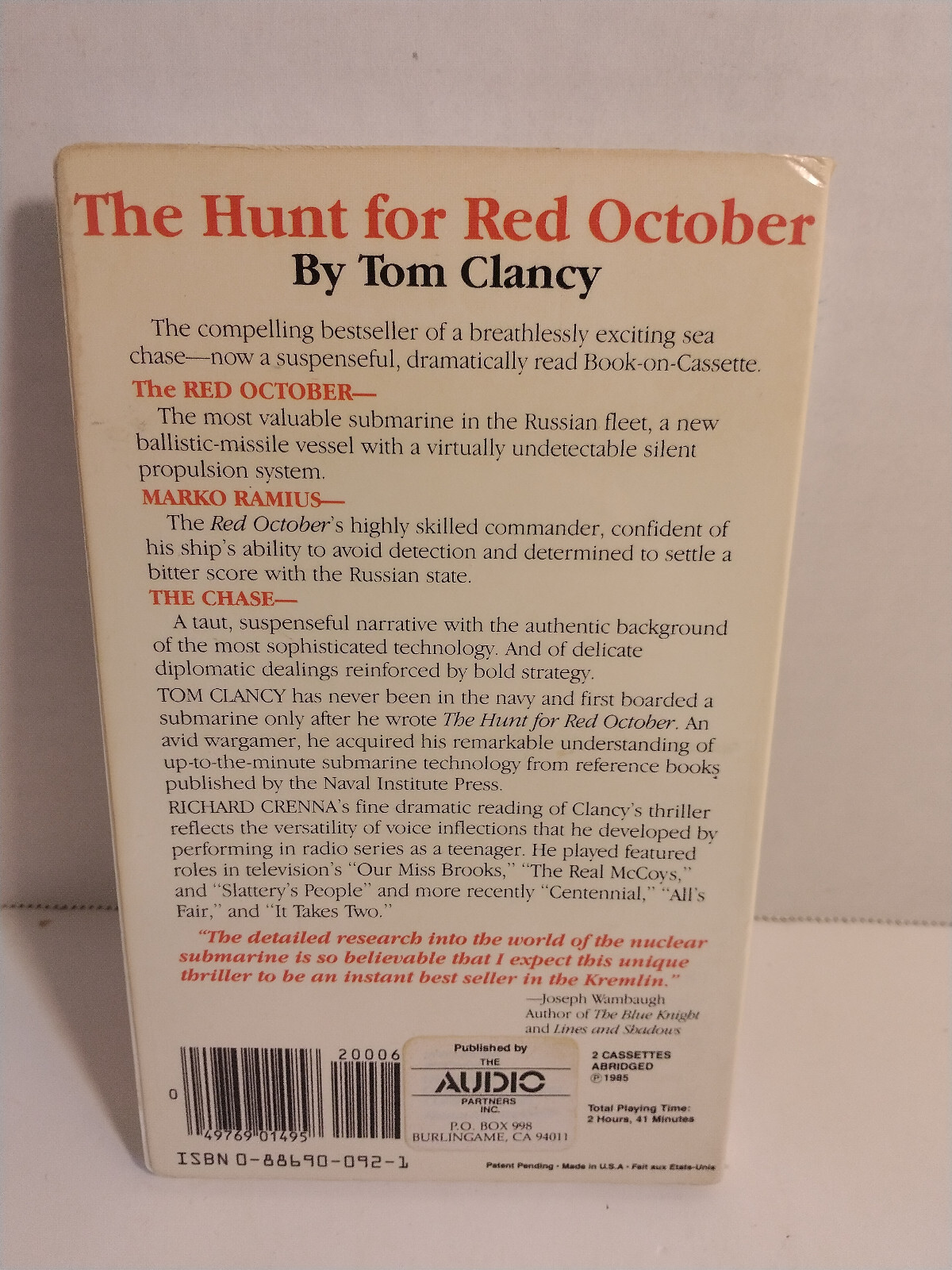Audio Cassette The Hunt for Red October Tom Clancy Richard Crenna 1985 Untested