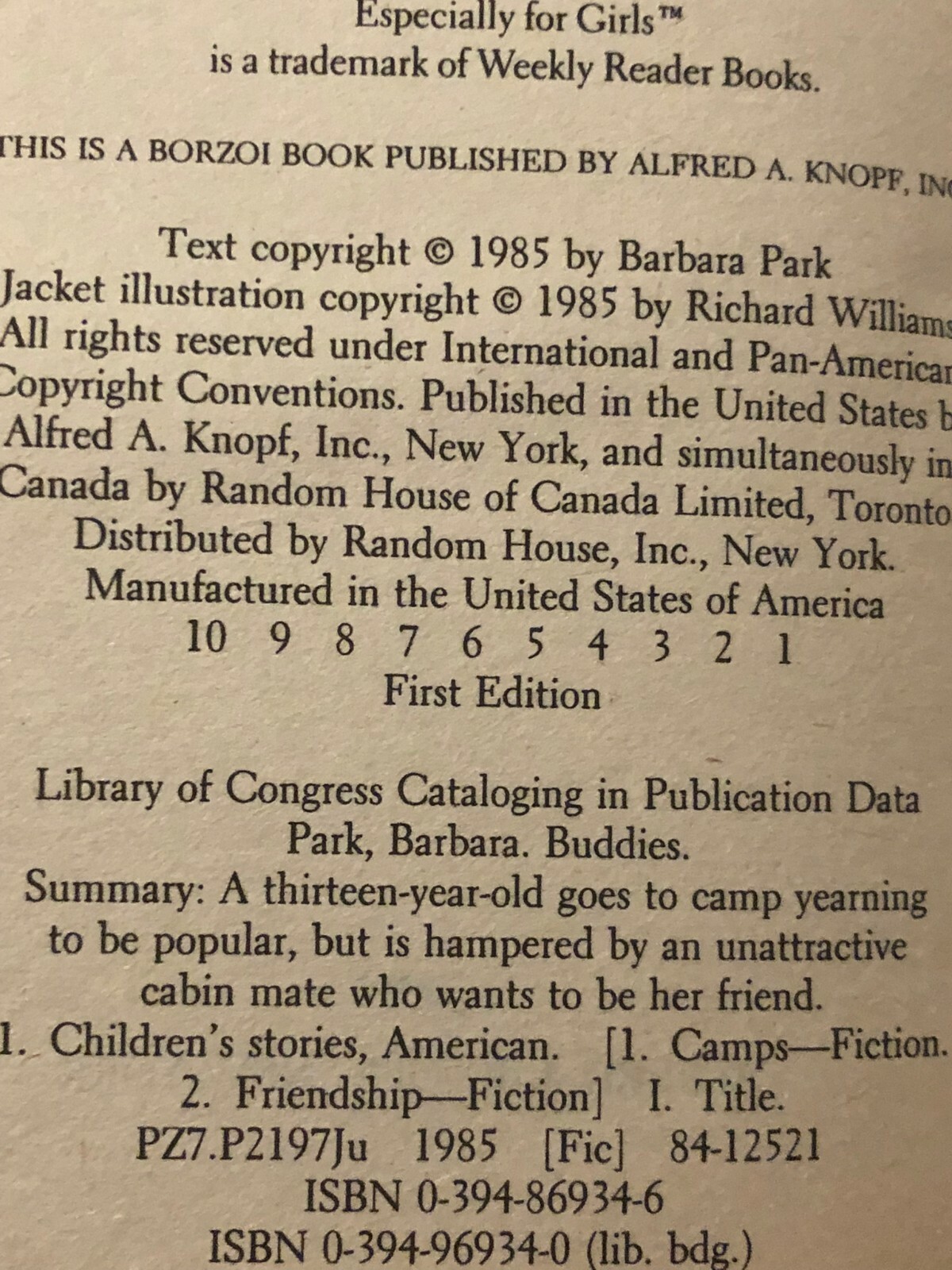 BUDDIES by Barbara Park (1ST EDITION — 1ST PRINTING) Excellent Condition — HC