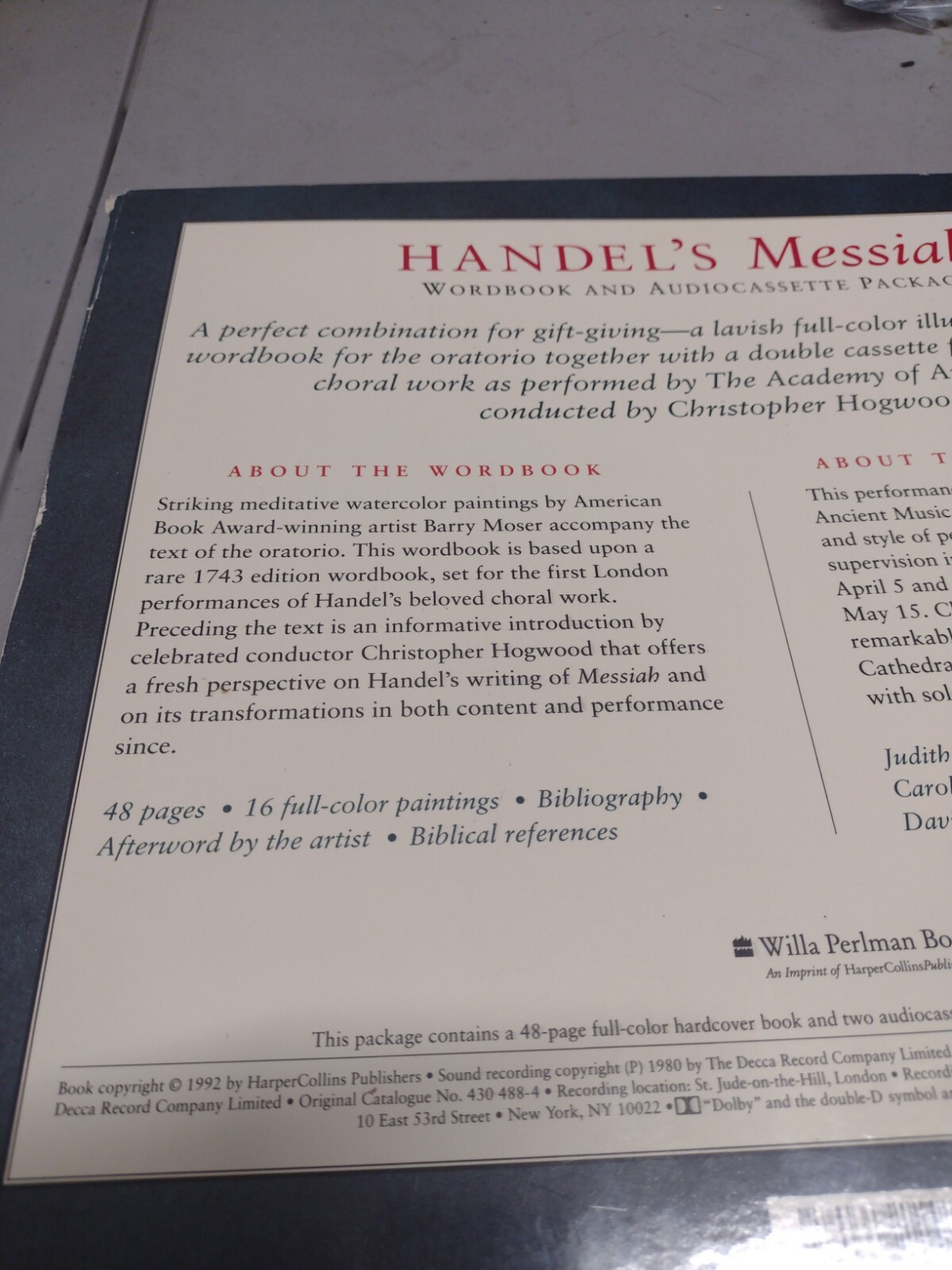 MESSIAH Wordbook For The Oratorio W/ Cassettes HANDEL illustrated Moser Hogwood