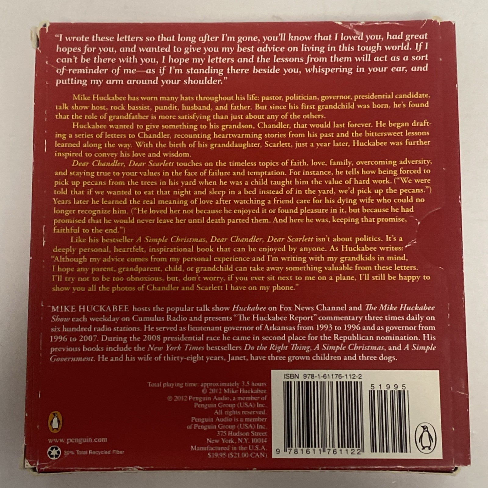 Mike Huckabee — Dear Chandler, Dear Scarlett (2012 Audiobook CD) REAL PICTURES!!