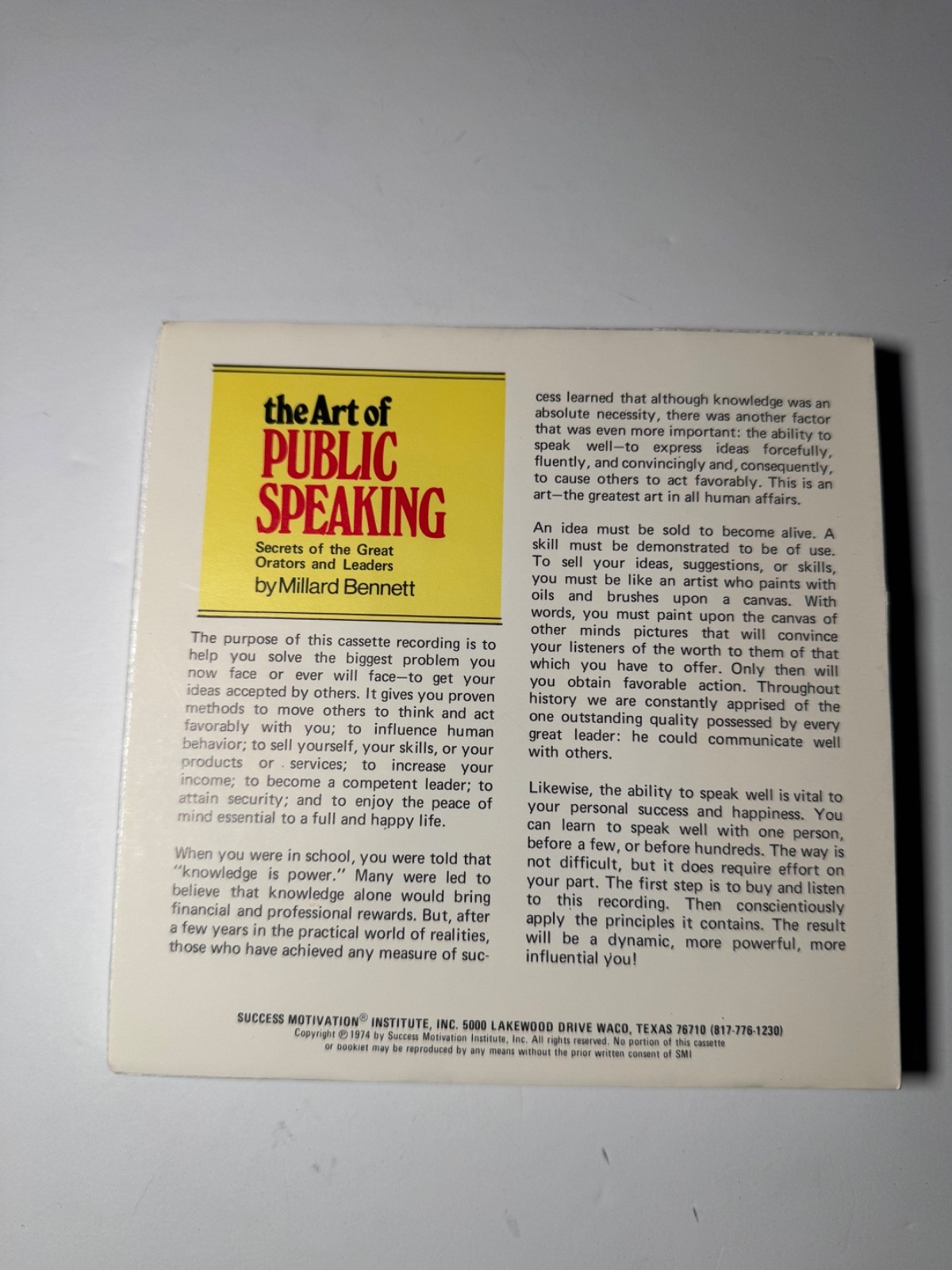 Vintage 1974 The Art of Public Speaking Millard Bennett SMI Cassette Tape