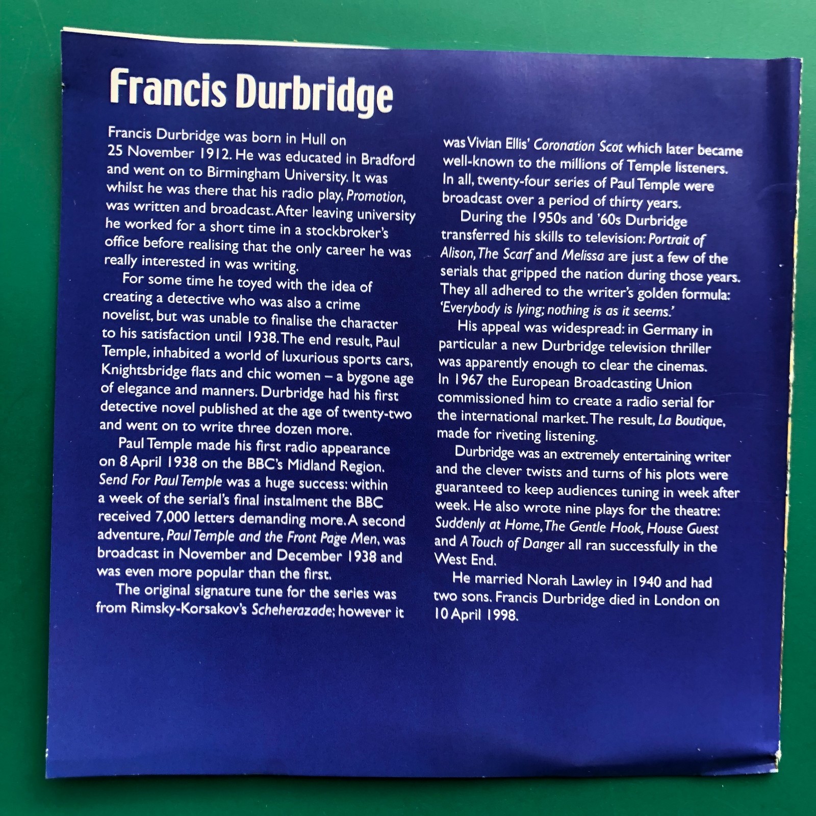 Durbridge PAUL TEMPLE AND STEVE Full-Cast Radio Drama 4x CD Crime Crawford Logan