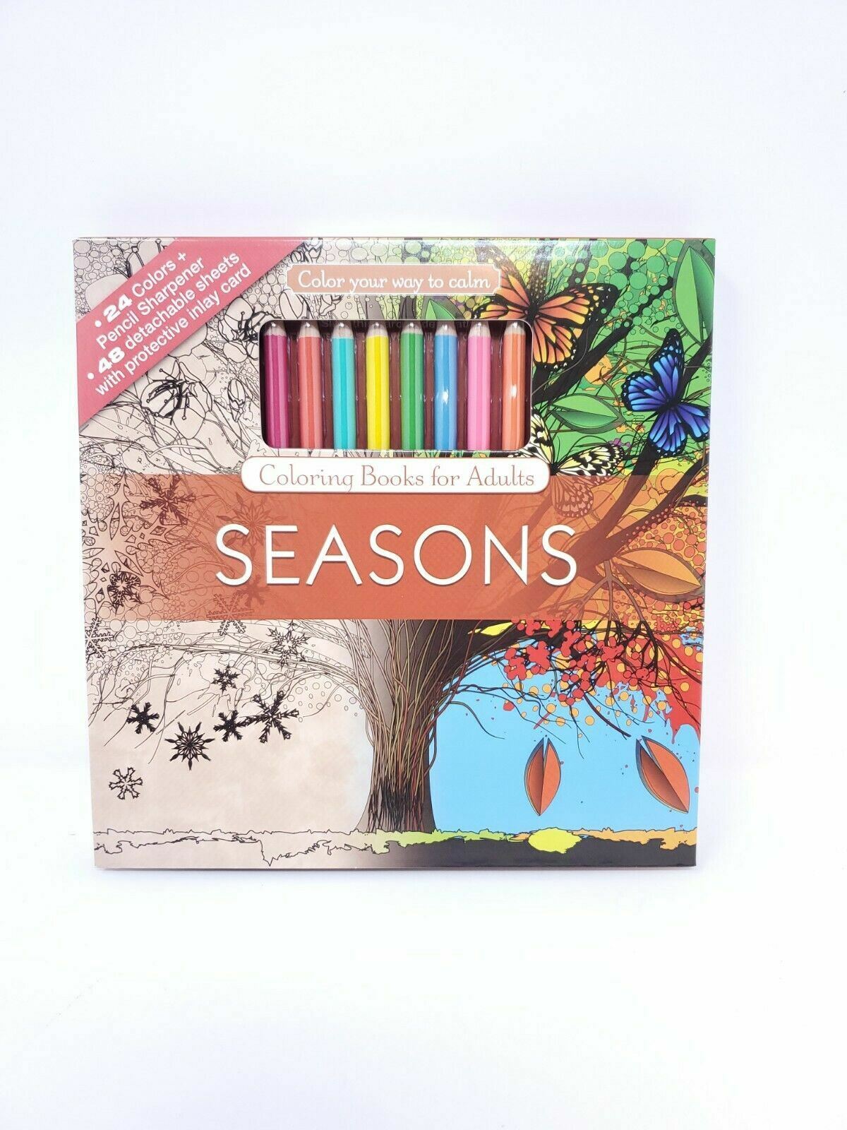 Lot of 6 Seasons 48 Adult Coloring Page 24 Color Pencil W/ Sharpener Calm New