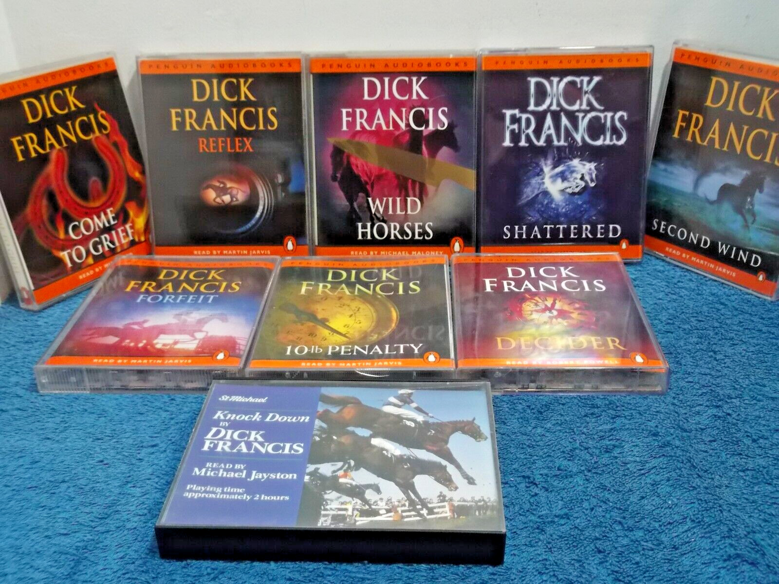 DICK FRANCIS x 9 DOUBLE AUDIO CASSETTES — REFLEX, FORFEIT, DECIDER, KNOCK DOWN..