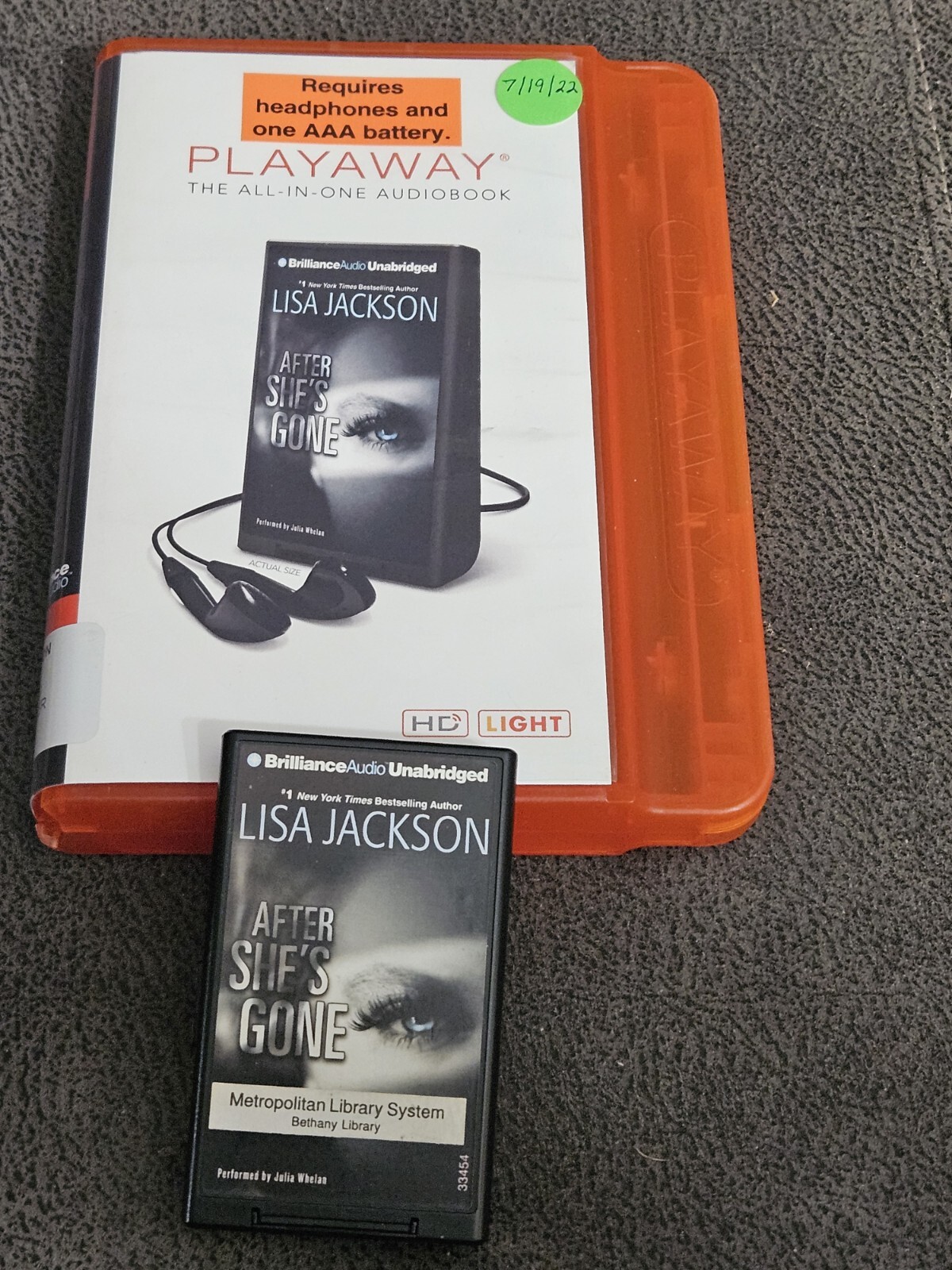 After She’s Gone Lisa Jackson UnAbridged Audiobook Playaway MP3 Style 15.75 Hr.