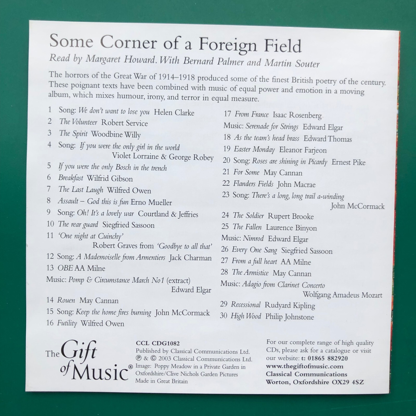 SOME CORNER OF A FOREIGN FIELD Poetry, Music Of The Great War CD Margaret Howard