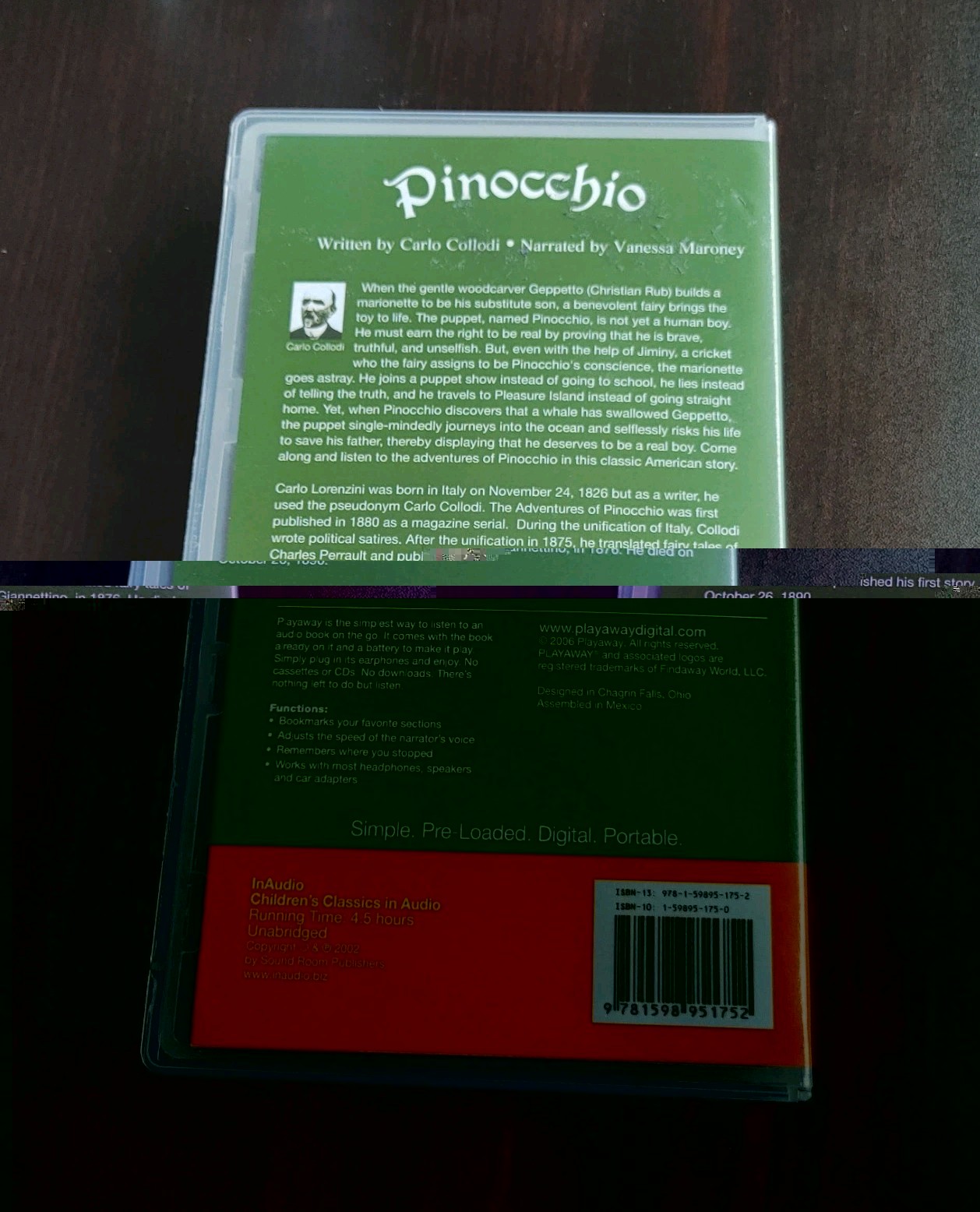 Playaway PINOCCHIO Digital Preloaded Audio Book Vanessa Maroney 4.5 Hours