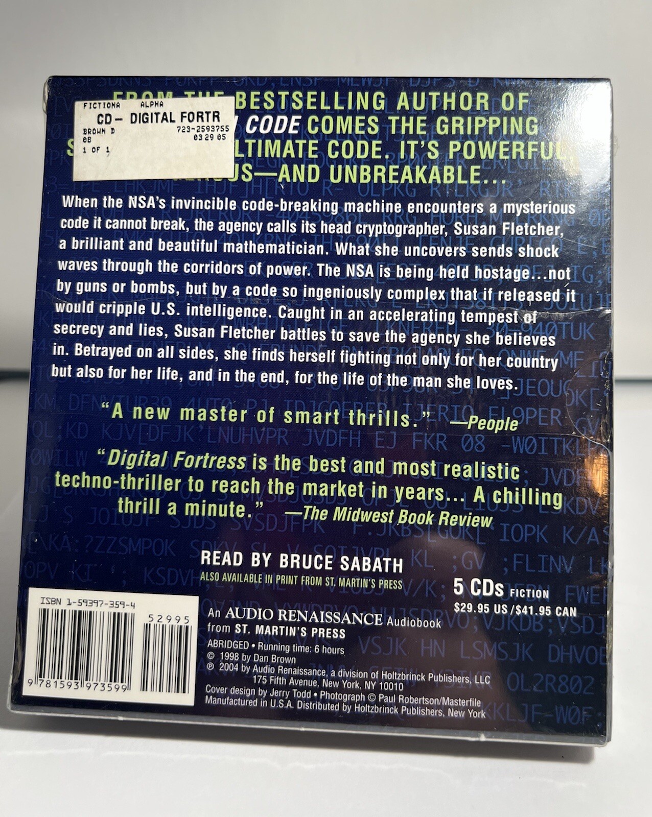 Dan Brown Digital Fortress Audiobook 5 CDs NEW Bruce Sabath 2004 Thriller