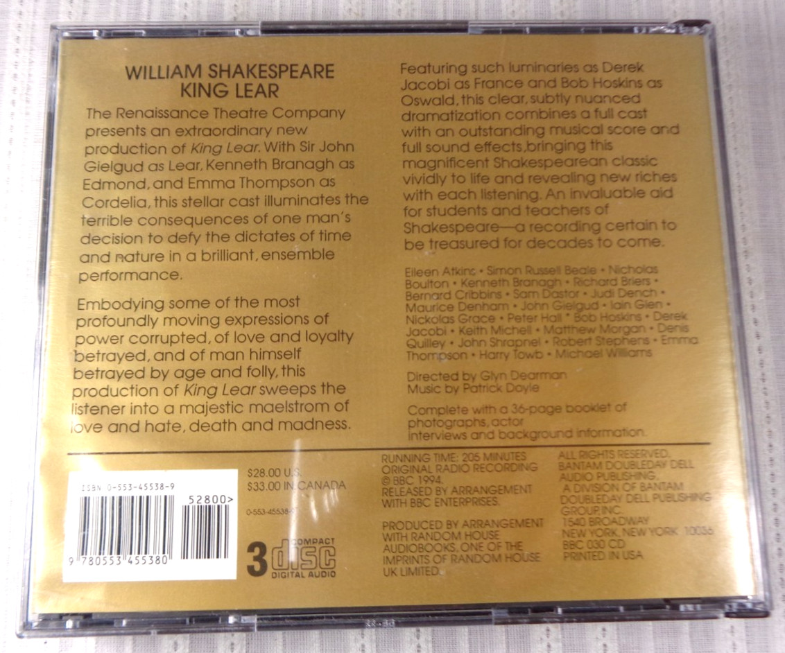 King Lear Shakespeare 3 CD Set Sir John Gielgud BBC Radio Presents 1994 VG!