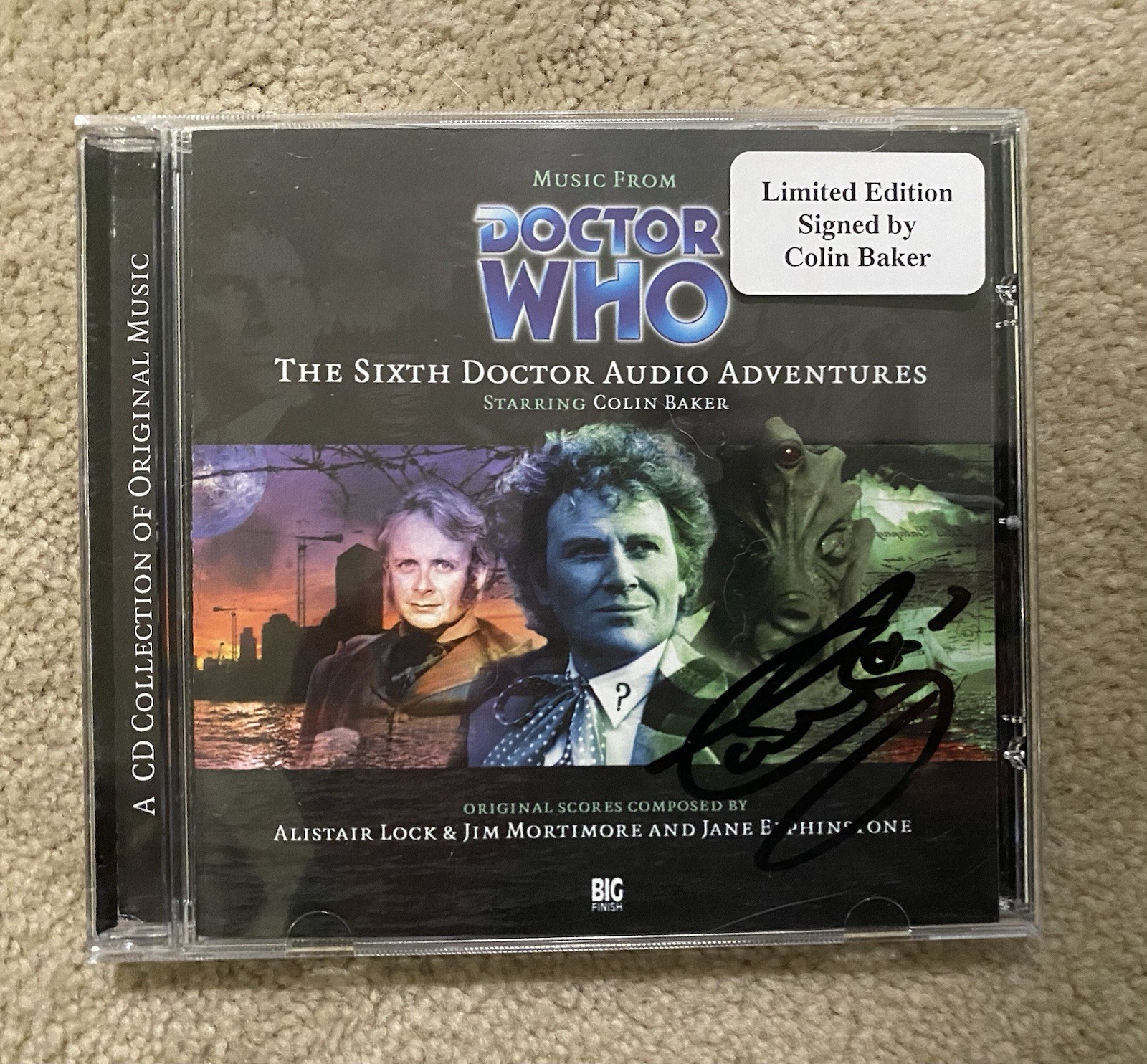 RARE! BIG FINISH MUSIC from DOCTOR WHO The 6th DOCTOR — SIGNED BY COLIN BAKER