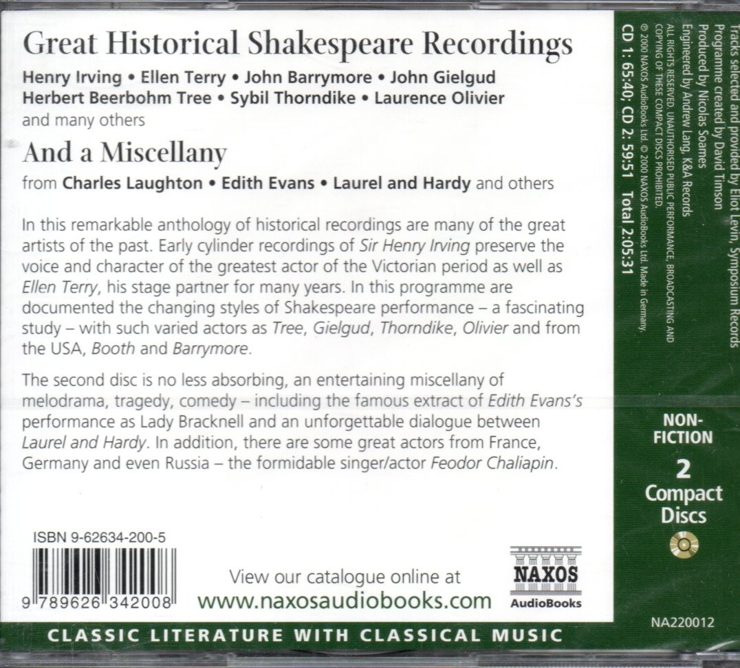 GREAT HISTORICAL SHAKESPEARE RECORDINGS AND A MISCELLANY — 2xCD Audiobook *NEW*