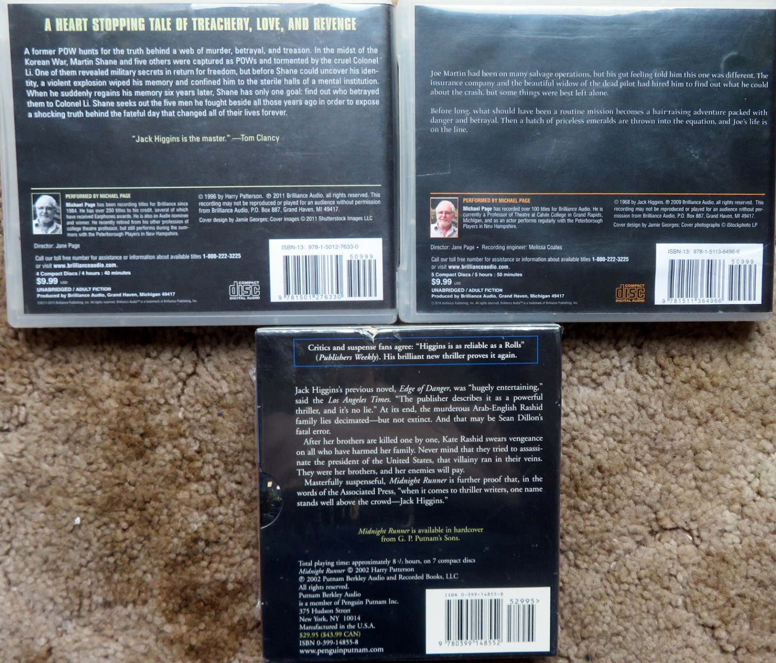 JACK HIGGINS — Three (3) Audiobook CD titles — Midnight Runner ++