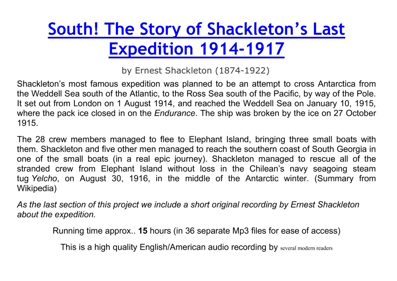 South! Shackleton’s Last Expedition 1914-1917 Audiobook Mp3 CD 15Hr