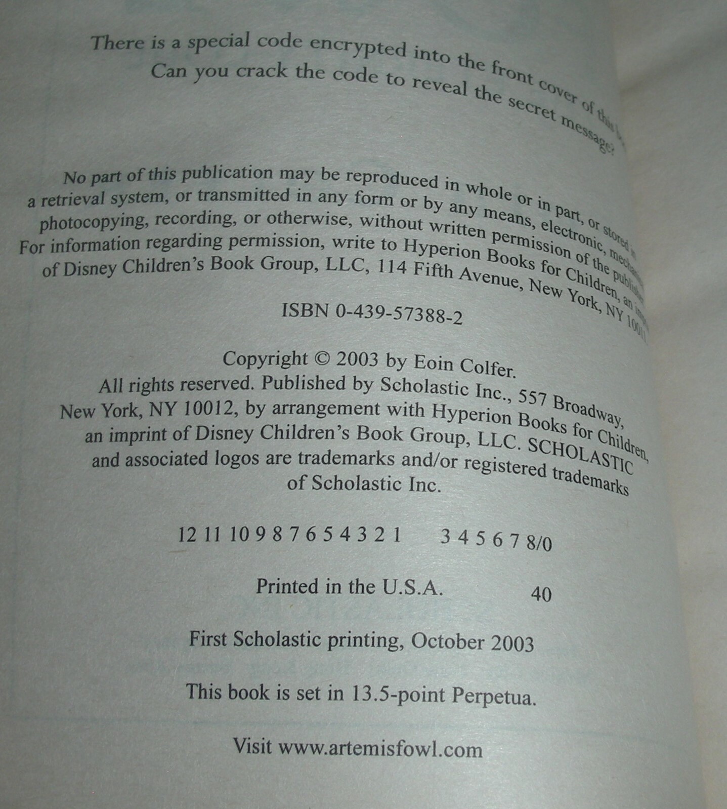 ARTEMIS FOWL: The Eternity Code by Eoin Colfer 2003 Large Trade PB ~ 1st / 1st