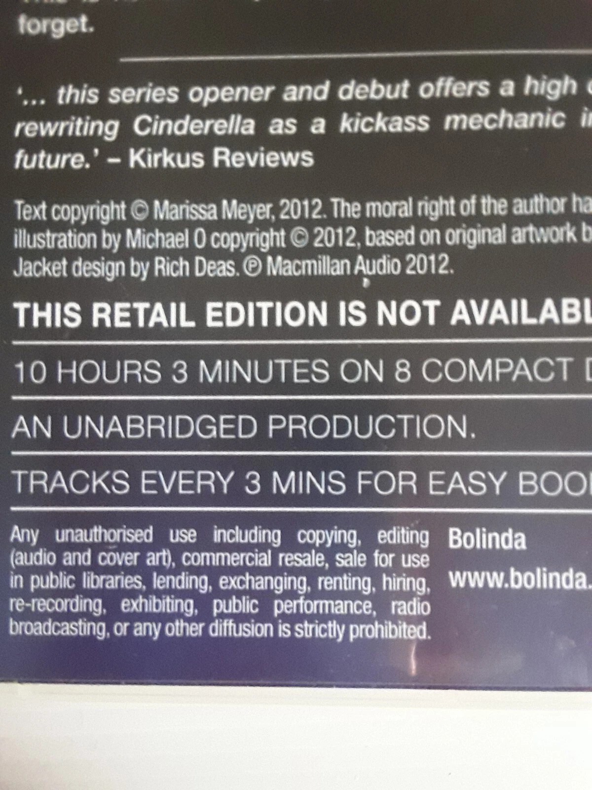 CINDER By Marissa Meyer CD Bolinda Audio Book English ABC
