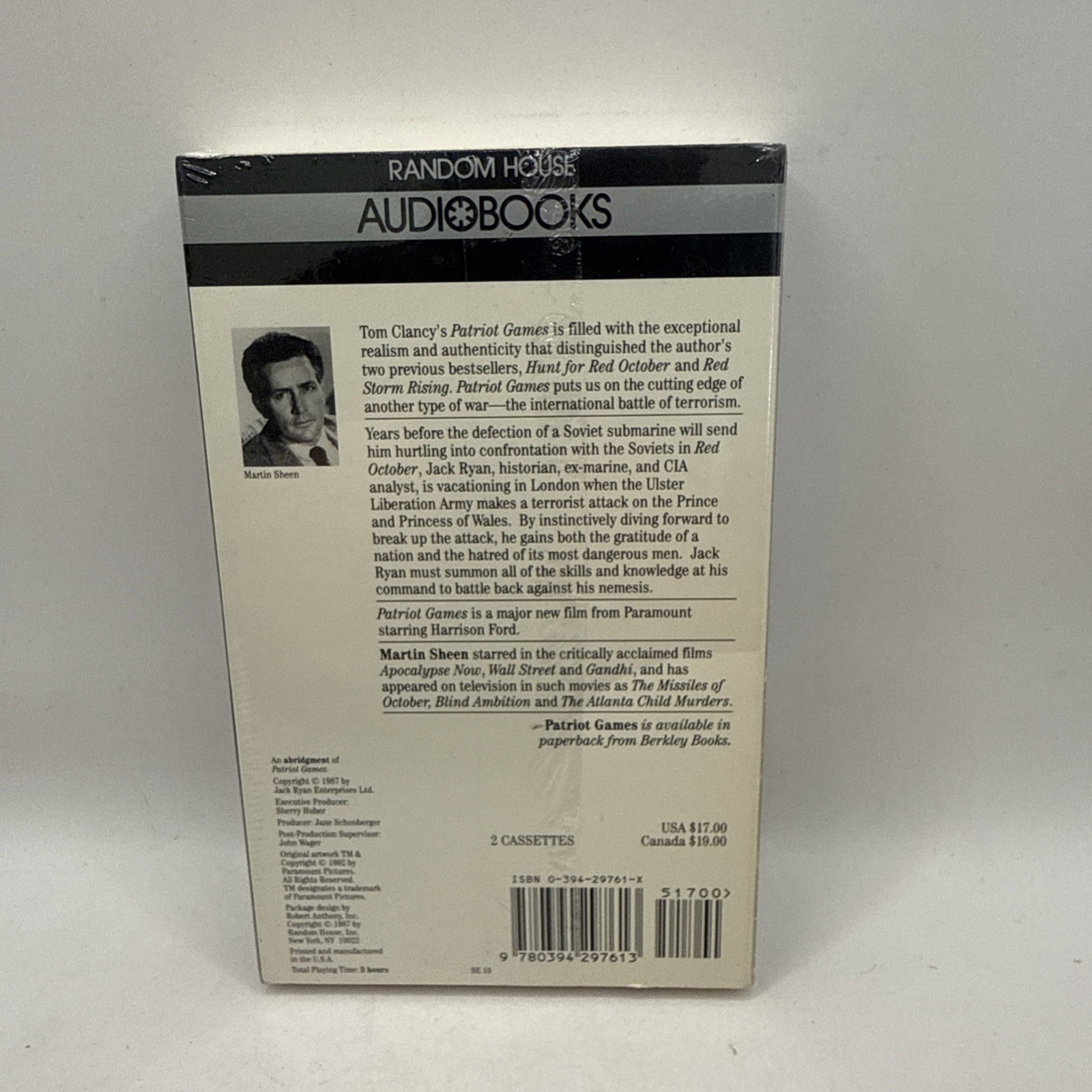 Patriot Games Tom Clancy Cassettes narrator Martin Sheen Jack Ryan 1992 NEW
