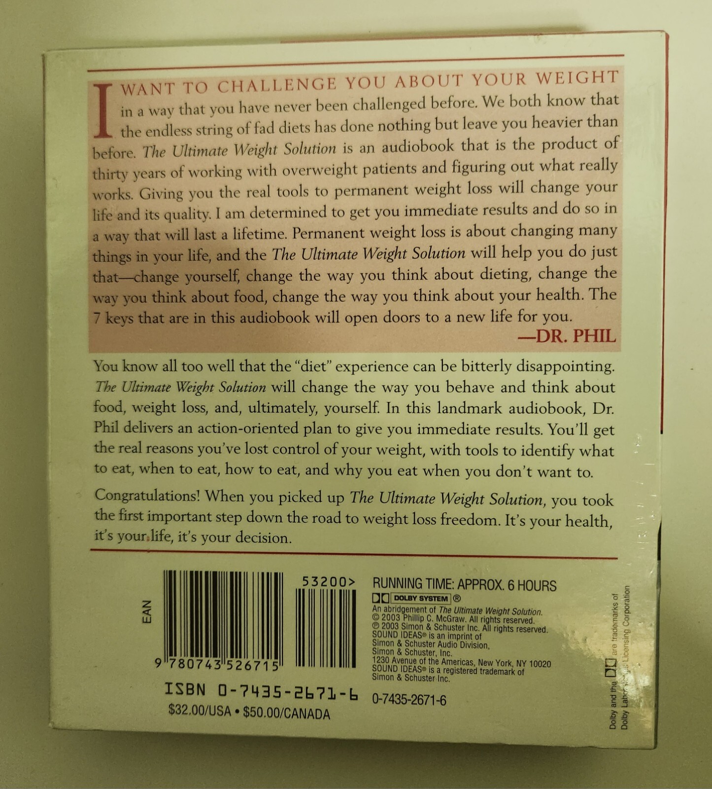 2003 Dr. Phil McGraw The Ultimate Weight Solution 6 CD Audio Book and Food Guide