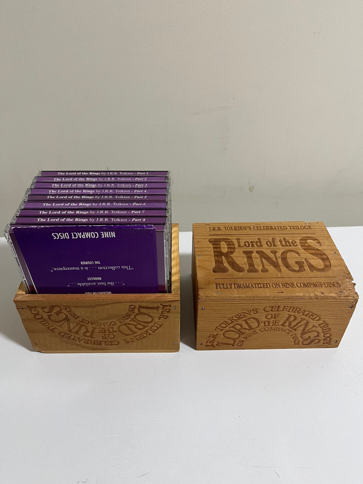 The Lord of the Rings Trilogy JRR Tolkien Books on CD 9 Disc Set Wooden Box